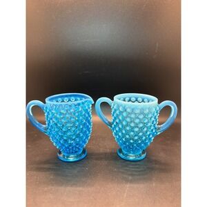 Vintage Fenton Blue Hobnail Mini Double‑Handled Vase/Toothpick Holder–Pair, 3.5"